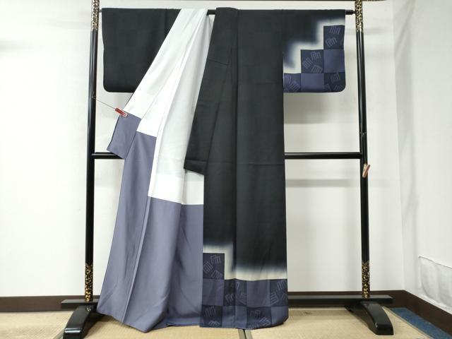 平和屋着物●訪問着　作家物　源氏香　市松文様　暈し染め　黒地　正絹　逸品　CAAU2451yc 平和屋着物○訪問着 作家物 源氏香 市松文様 暈し染め 黒地