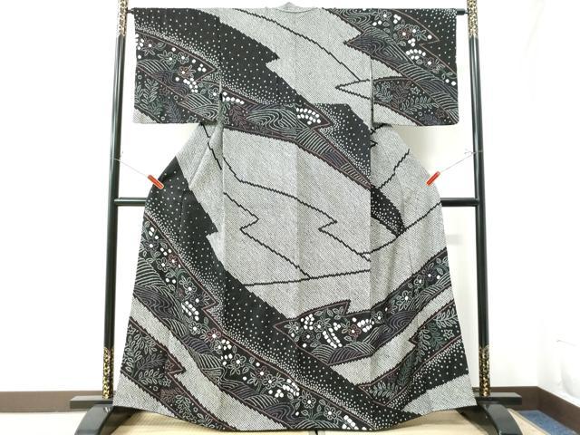 平和屋着物●訪問着　総絞り　流水草花文　黒地　正絹　逸品　CAAU2470yc