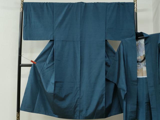 平和屋着物●男性　紬　アンサンブル　色無地　紺地　キングサイズ　小田急百貨店扱い　正絹　逸品　CAAU2518yc