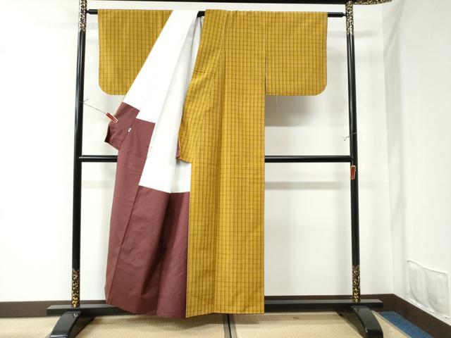 平和屋着物○本場黄八丈 平織 格子柄 小田急百貨店扱い 正絹 逸品 未