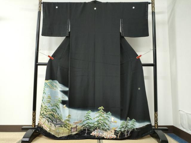 平和屋着物●本加賀作家　棒田孝　黒留袖　遠山帆船浜松風景文　暈し染め　正絹　逸品　未使用　CAAU2695yc