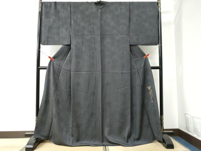 平和屋着物●螺鈿工芸作家　佐野正喜　色無地　飛鳥地紋　墨色　正絹　逸品　CAAU2702yc