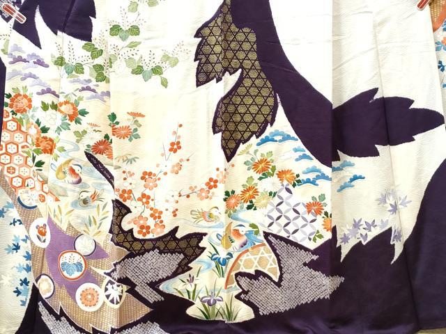 平和屋着物●創業460年・千總　振袖　駒刺繍　流水鴛鴦吉祥花丸文　金彩　高島屋扱い　正絹　逸品　CAAU2764yc 平和屋着物○創業460年・千總 振袖 駒刺繍 流水鴛鴦吉祥花