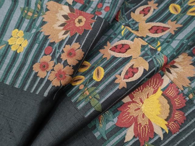 平和屋着物●上質な小紋　紬地　変わり市松更紗草花文　金彩　正絹　逸品　CAAU2785yc