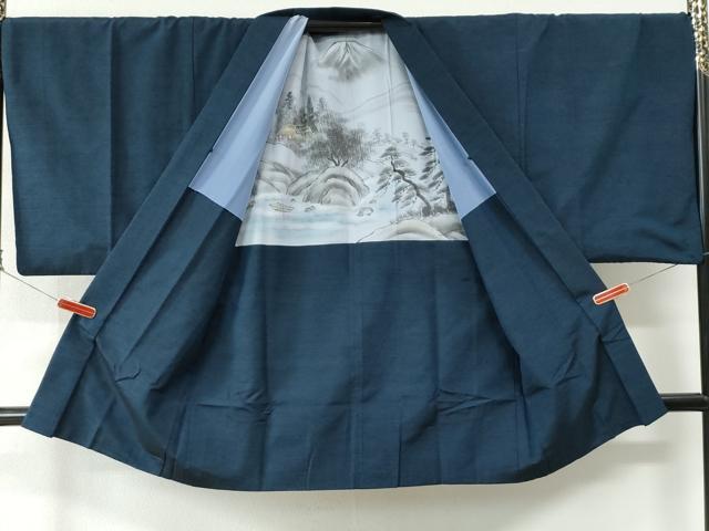 平和屋着物○男性 紬 アンサンブル・長襦袢セット 色無地 留紺色 正絹