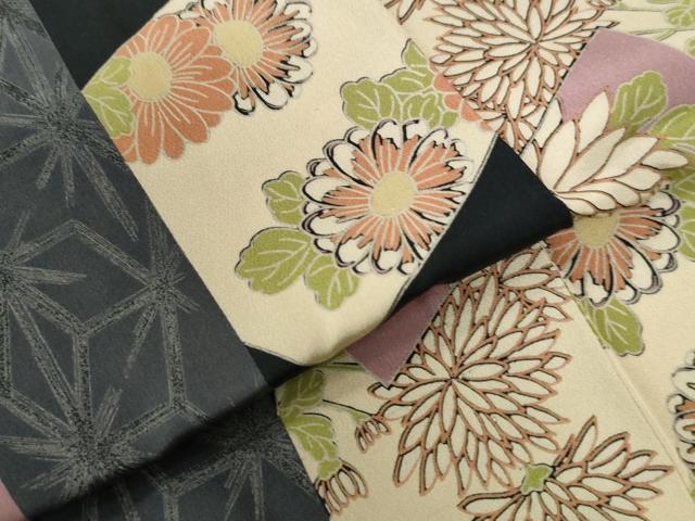 平和屋着物○長襦袢 無双仕立て 色紙重ね乱菊麻の葉間道 黒地 正絹 逸品