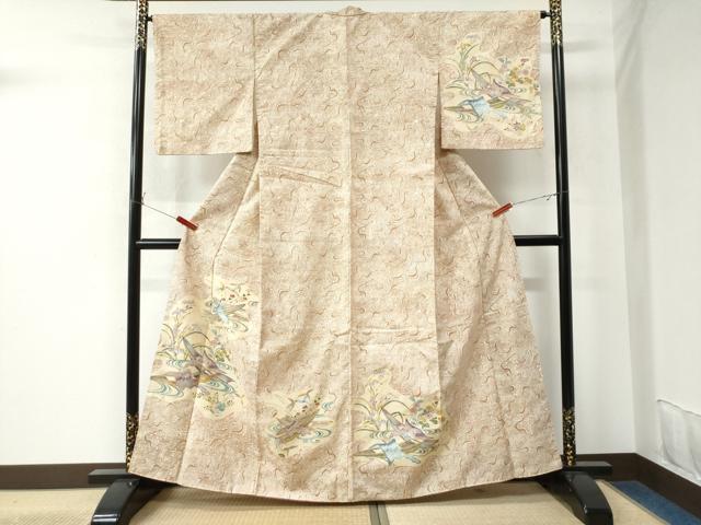 平和屋着物●訪問着　紬地　型染め　流水舟草花文　正絹　逸品　CAAU2922yc