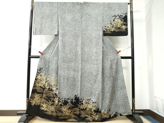 平和屋着物●訪問着　立波草木文　たたき染め　黒地　金彩　正絹　逸品　CAAU2945yc