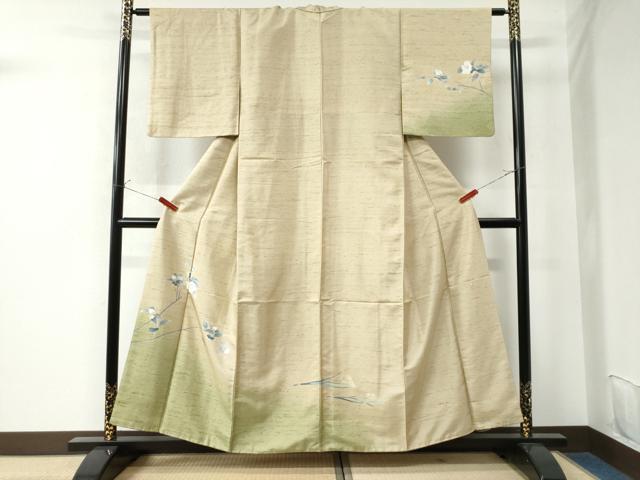 平和屋着物●十日町友禅作家　岡村蒼風　訪問着　紬地　枝花文　正絹　逸品　CAAU2948yc