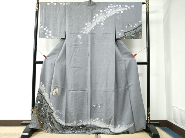 平和屋着物●訪問着　駒刺繍　絞り　源氏香　折り鶴　舞花文　銀通し地　正絹　逸品　CAAU2962yc