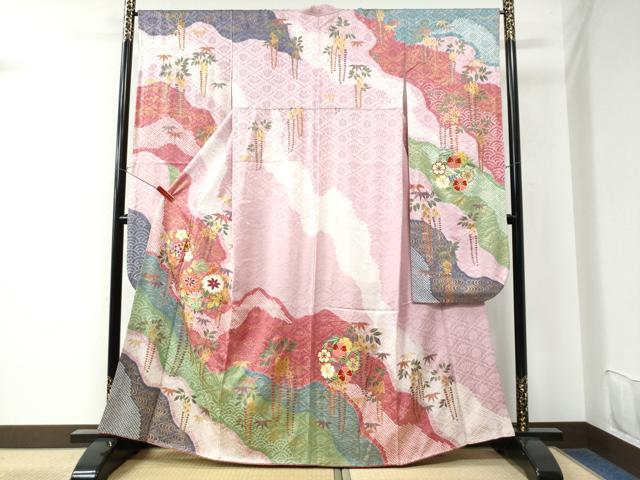 平和屋着物●豪華振袖　駒刺繍　絞り　道長流水枝垂れ草花文　ラメ糸　金彩　正絹　逸品　CAAU2982yc