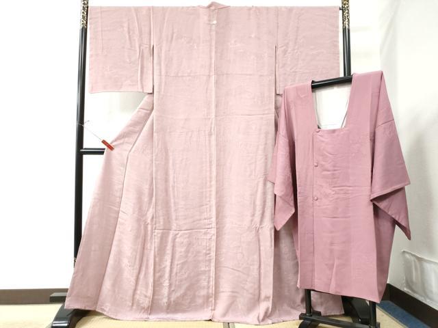 平和屋着物●上質な色無地・道行コートセット 雲取り人物風景地紋 着物：石竹色 道行コート：浅蘇芳色 さが美扱い 正絹 逸品 CAAU3050yc