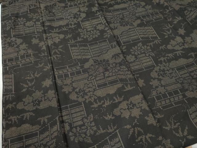 平和屋着物●結城紬　80亀甲　雲取り風景草花文　黒地　正絹　逸品　未使用　CAAU3058yc 平和屋着物○結城紬 80亀甲 雲取り風景草花文 黒地 正絹 逸品 未