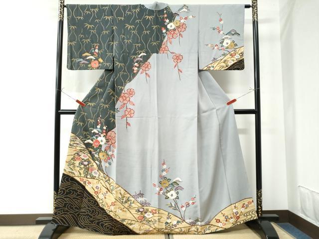 平和屋着物●訪問着　型染め　流水松竹梅枝椿文　金彩　正絹　逸品　CAAU3060yc