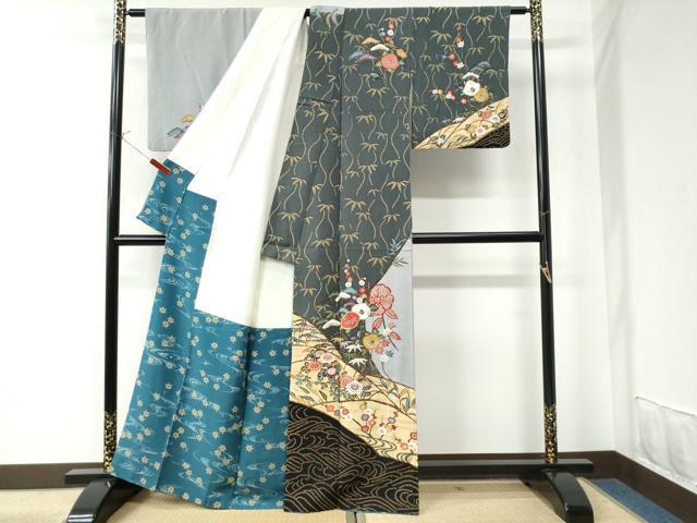 平和屋着物○訪問着 型染め 流水松竹梅枝椿文 金彩 正絹 逸品