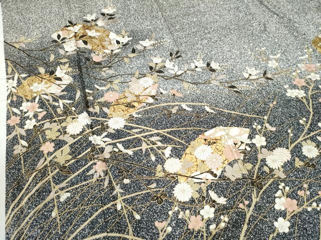 平和屋着物○訪問着 地紙吉祥枝花文 たたき染め 黒地 金彩