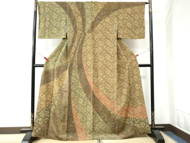 平和屋着物●訪問着　作家物　更紗花唐草文　鬼しぼ縮緬　正絹　逸品　CAAU3071yc