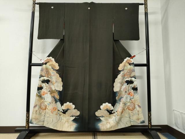 平和屋着物●アンティーク　大正ロマン　黒留袖　刺繍　浜松檜扇短冊花文　暈し染め　正絹　逸品　CAAU3082yc