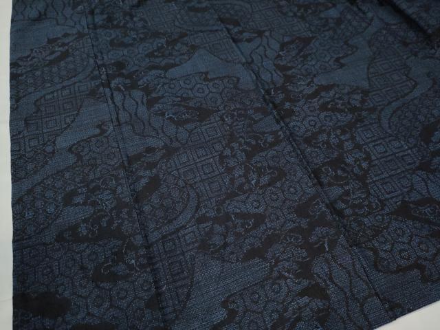 平和屋着物○本場結城紬 重要無形文化財 100亀甲 扇 黒緑色地