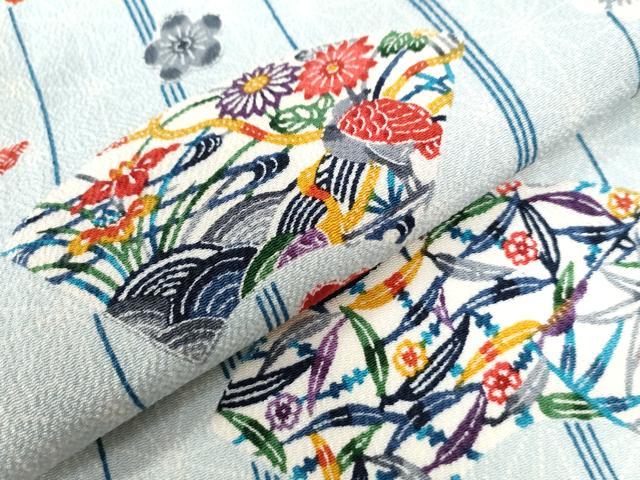 平和屋着物○上質な小紋 紅型 地紙麻の葉草花文 鬼しぼ縮緬