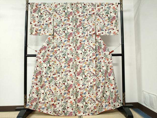 着物屋こころ■上質な小紋　辻が花　鬼しぼ縮緬　着丈160cm　裄丈67cm　正絹　逸品　A-ck6345 平和屋本店□極上 摺型友禅 京都 多ち花 小紋 枝花文 鬼しぼ縮緬 逸品