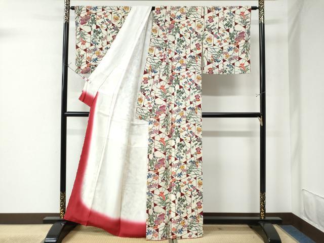 着物屋こころ■上質な小紋　辻が花　鬼しぼ縮緬　着丈160cm　裄丈67cm　正絹　逸品　A-ck6345 平和屋本店□極上 摺型友禅 京都 多ち花 小紋 枝花文 鬼しぼ縮緬 逸品