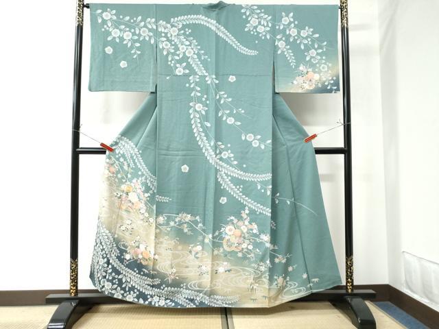 平和屋着物●訪問着　駒刺繍　流水花車文　暈し染め　金彩　正絹　逸品　CAAU3147yc