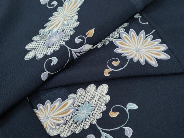 平和屋着物●上質な小紋　花唐草文　紺地　正絹　逸品　CAAU3153yc