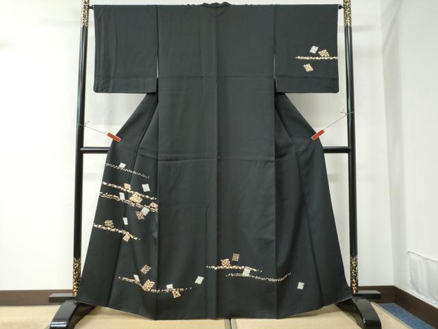 平和屋着物●訪問着　破れ色紙鹿の子草花文　黒地　金彩　正絹　逸品　CAAU3189yc