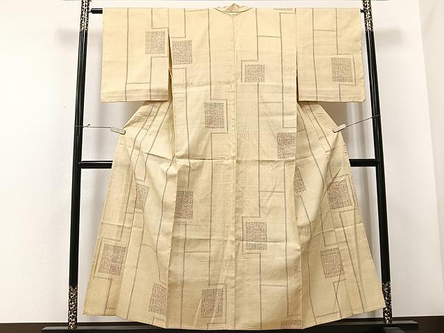 平和屋着物▽結城ちぢみ　単衣　幾何学間道　正絹　逸品　AAAV2828fy 平和屋着物▽結城紬 単衣 幾何学間道 正絹 逸品 CAAU3787xi