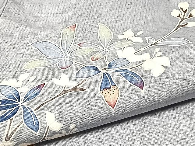 平和屋着物▽訪問着 単衣 紬地 友禅 作家物 枝葉文 正絹