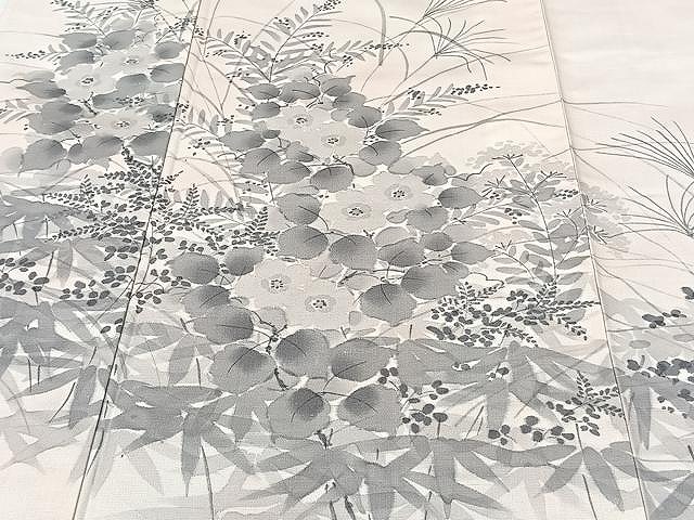 平和屋着物▽訪問着 単衣 紬地 手描き 草花文 正絹 逸品 未