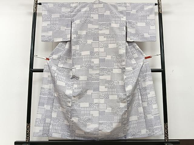 平和屋着物▽結城紬 単衣 切嵌麻の葉文 80亀甲 正絹 逸品 DAAS0438az