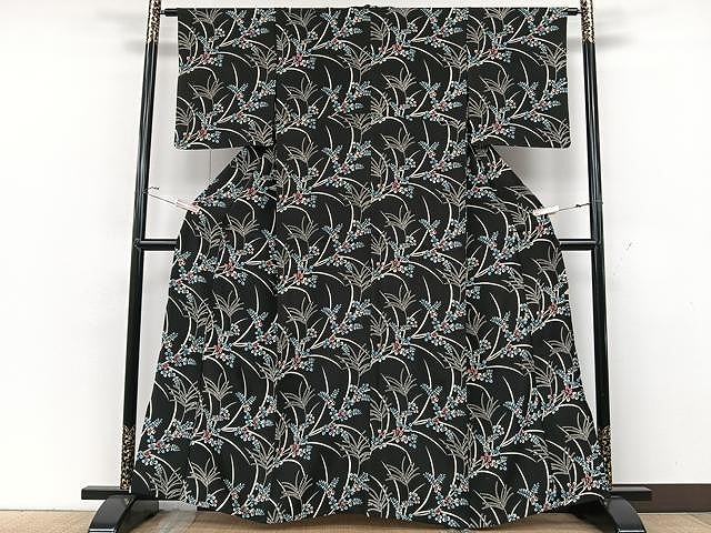 平和屋着物▽上質な小紋 単衣 草花文 反端付き 正絹 逸品