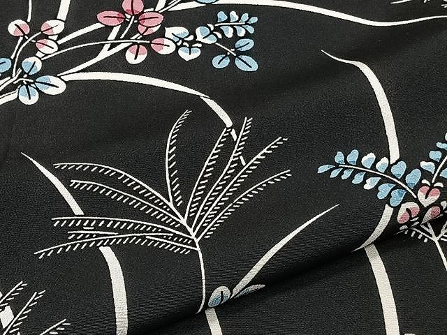 平和屋着物▽上質な小紋 単衣 草花文 黒地 正絹 逸品 CAAU3837xi