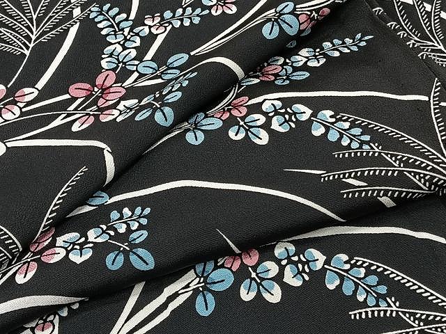 平和屋着物▽上質な小紋　単衣　草花文　黒地　正絹　逸品　CAAU3837xi