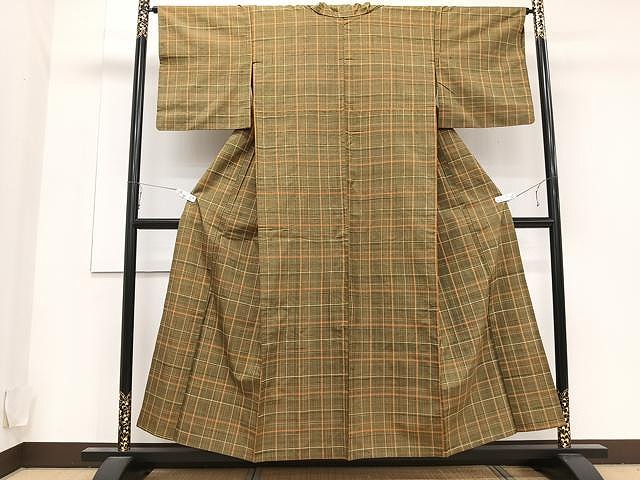 平和屋着物▽上質な紬　単衣　格子柄　正絹　逸品　CAAU3854xi 平和屋着物▽上質な紬 単衣 格子柄 正絹 逸品 CAAU3854xi