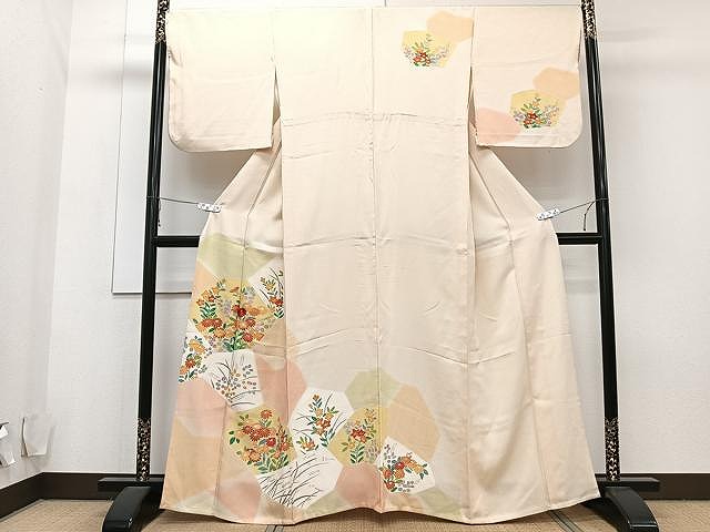 平和屋着物▽訪問着　単衣　刺繍　草花文　正絹　逸品　CAAU3887xi