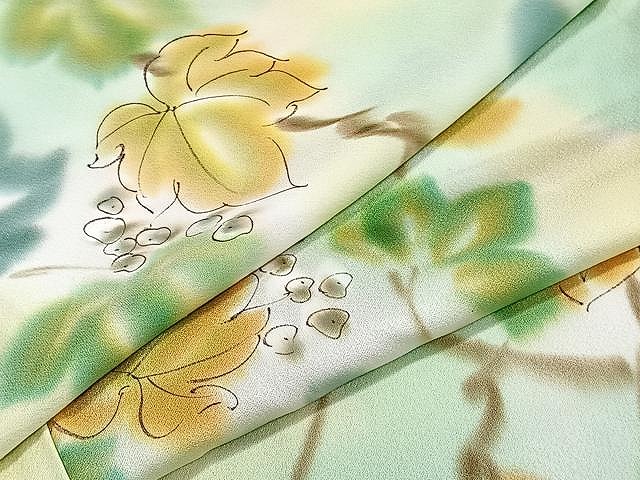 平和屋着物▽上質な小紋　単衣　手描き　葡萄蔦の葉文　暈し染め　正絹　逸品　CAAU3890xi