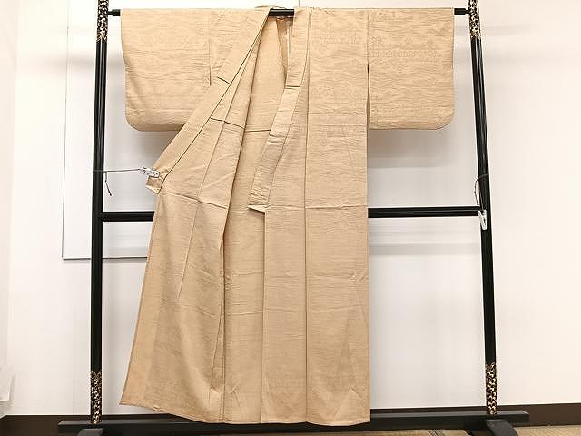 平和屋着物▽上質な色無地 単衣 花唐草地紋 赤香色