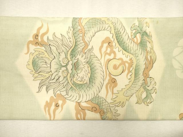 平和屋着物＊夏物　アンティーク　大正ロマン　九寸名古屋帯　駒刺繍　龍　松皮菱花鳥唐草文　銀糸　正絹　逸品　CAAU4028eg 平和屋着物＊夏物 アンティーク 大正ロマン 九寸名古屋帯 駒刺繍 龍 松