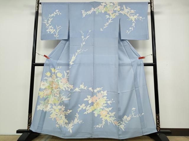 平和屋着物□訪問着 総刺繍 草花文 灰青色 ロング丈 正絹 逸品