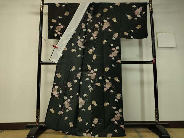 平和屋着物▽小紋 単衣 花毬文 黒地 洗える着物 未使用 CAAU5377vp