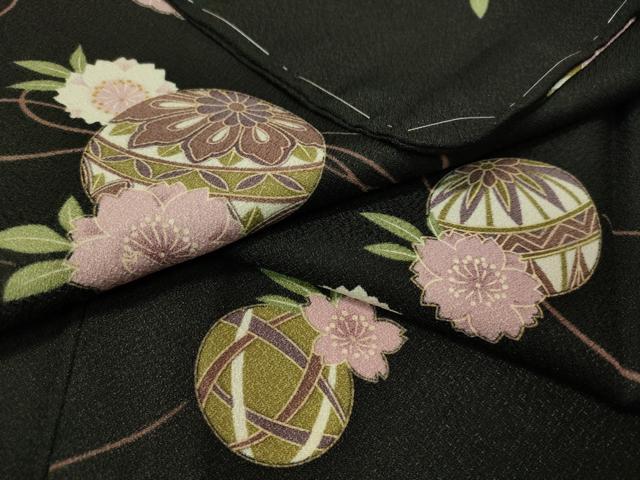 平和屋着物▽小紋　単衣　花毬文　黒地　洗える着物　未使用　CAAU5377vp