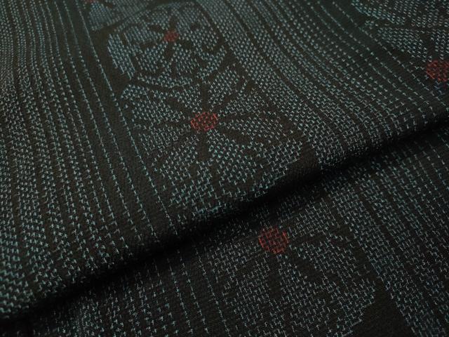 平和屋着物▽上質なお召 単衣 越後絣 源氏車間道 証紙付き