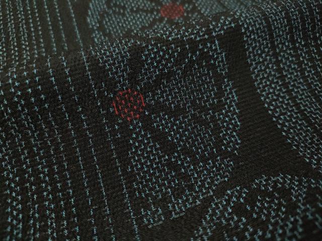 平和屋着物▽上質なお召 単衣 越後絣 源氏車間道 証紙付き