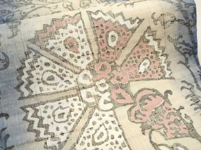 平和屋着物●六通柄袋帯　生紬　型染め　正倉院花唐草文　正絹　逸品　CAAU9252hy 平和屋着物○六通柄袋帯 生紬 型染め 正倉院花