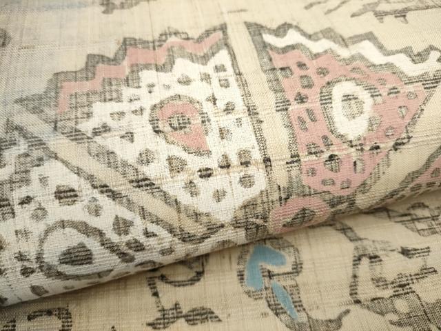 平和屋着物○六通柄袋帯 生紬 型染め 正倉院花