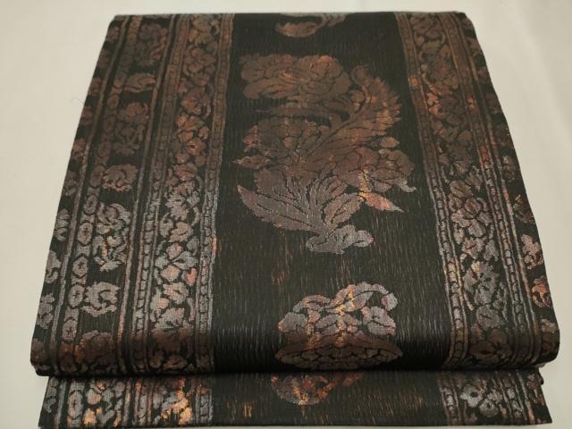 平和屋着物●紋屋井関　御寮織　両面　六通柄袋帯　草花文　黒地　金糸　ますいわ屋扱い　正絹　逸品　CAAU9255hy