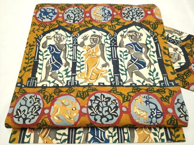 平和屋着物●九寸名古屋帯　紬地　型染め　向かい鳥人物草花文　正絹　逸品　CAAU9274hy